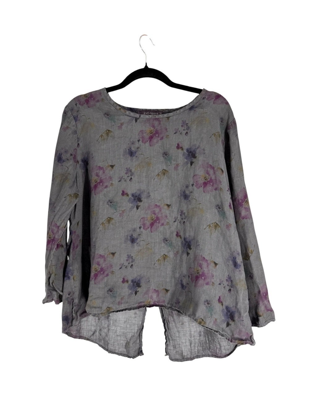 cut loose Gray Linen-Blend Tunic with Purple and Pink Floral M
